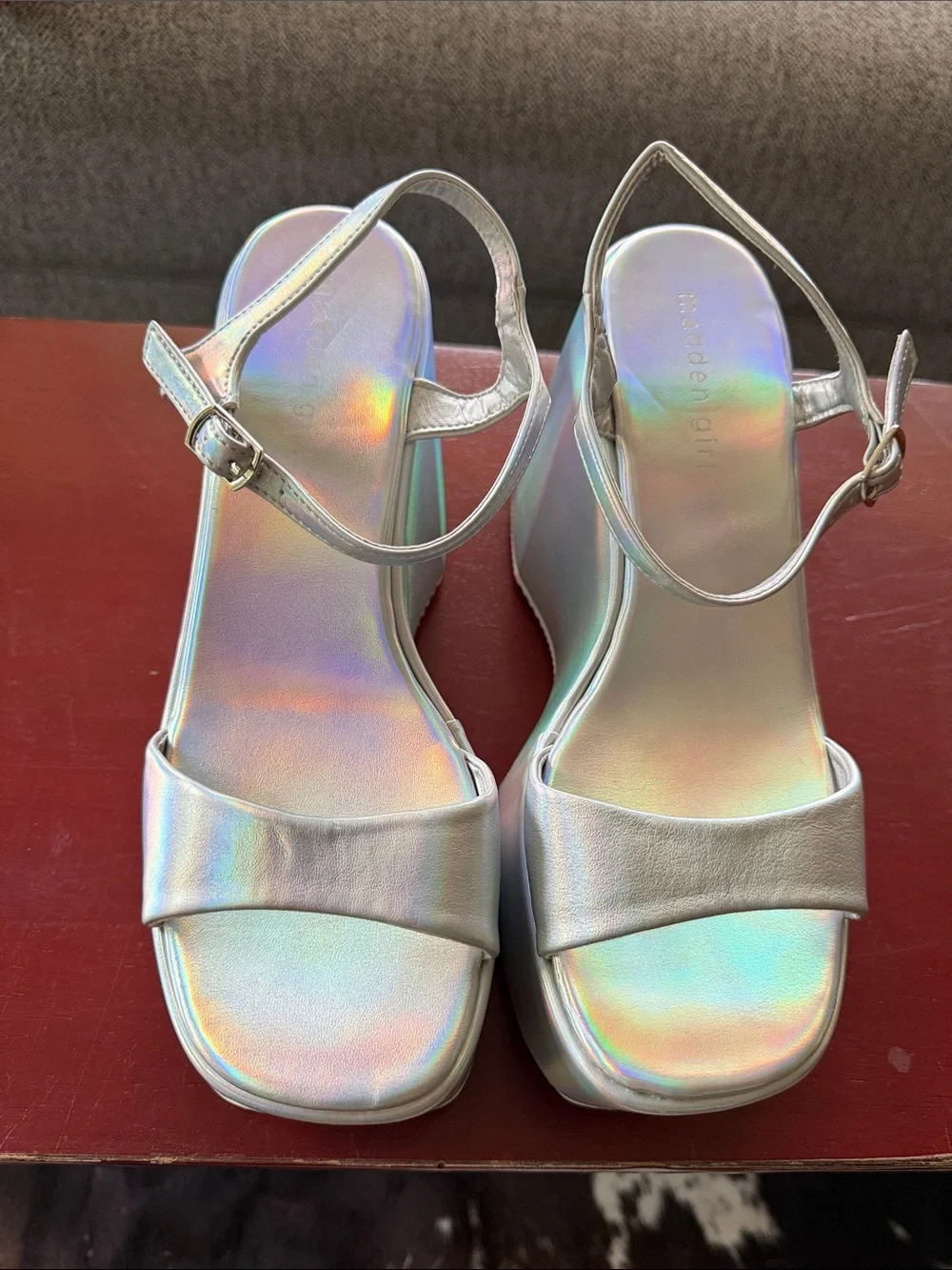 NWOB Madden Girl Iridescent Silver Platform Sandals